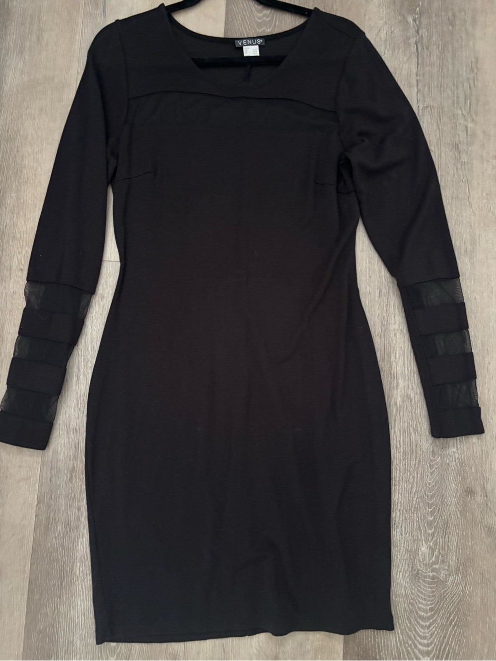VENUS Black Long Sleeve Sheath Dress with Mesh Stripe Sleeves